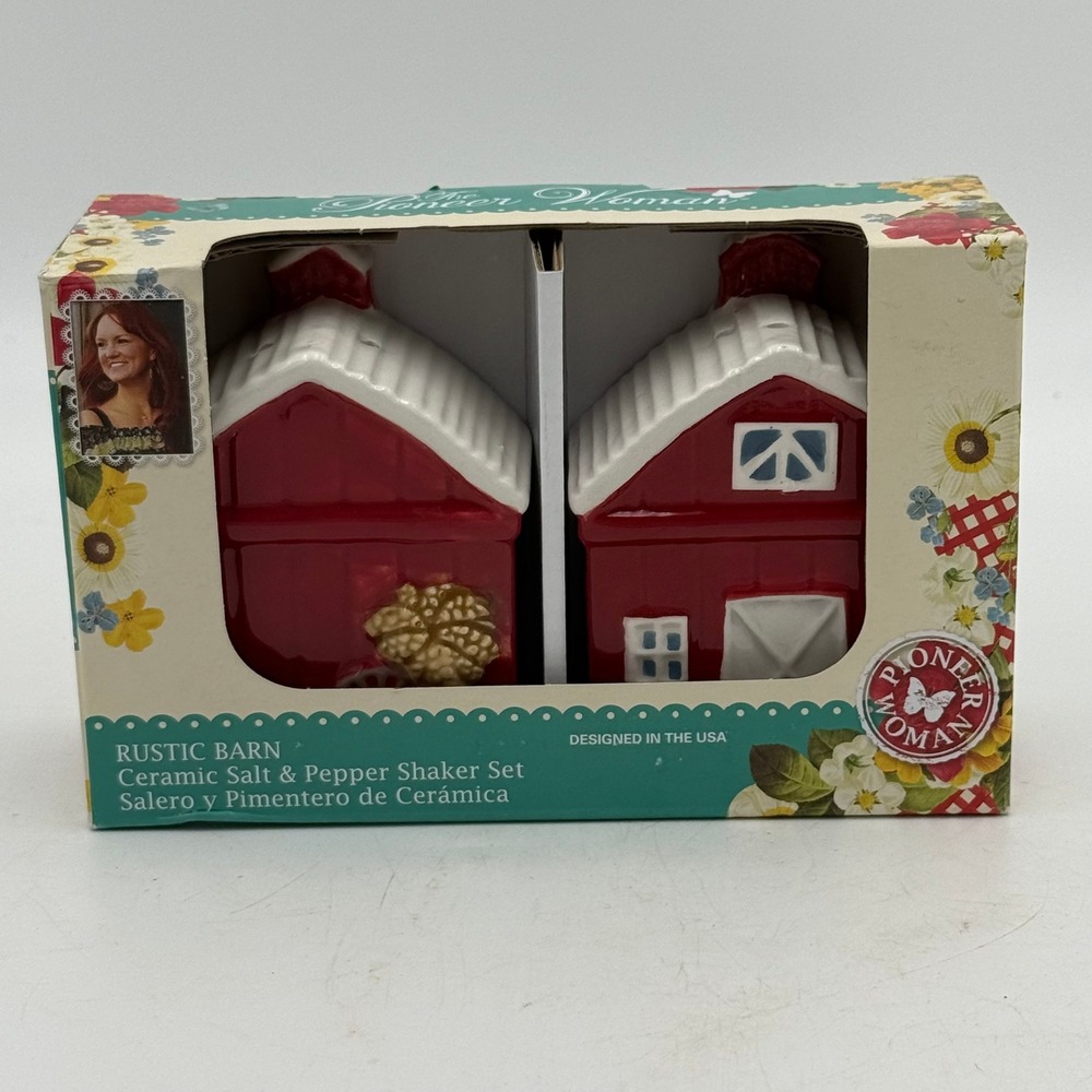 Pioneer Woman Rustic Barn Ceramic Salt and Pepper Shaker Set Red White 117835.02